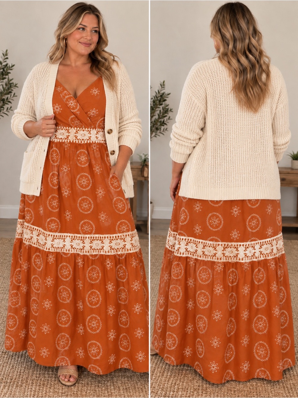Women's Rust Orange Maxi Dress with Crochet Trim Fall color.